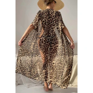 Şifon Uzun Önden Bağlamalı Leopar Plaj Elbisesi Pareo Kimono
