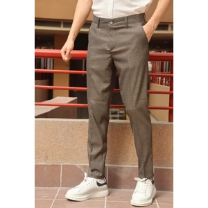 Erkek Vizon Ekose Desen Slim-fit Poliviskon Pantolon