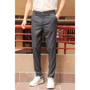 Erkek Lacivert Ekose Desen Slim-fit Poliviskon Pantolon