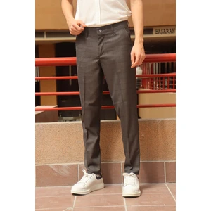 Erkek Kahve Ekose Desen Slim-Fit Poliviskon Pantolon