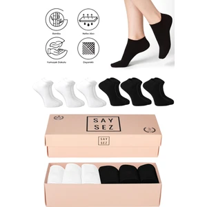 Bambu Kadın Patik Düz Çok Renkli Çorap Dikişsiz Premium Kutulu 6'lı (3 Beyaz - 3 Siyah)