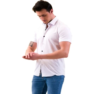 Exve Exclusive Beyaz Kendinden Desenli Yaka Içi ve Göğüs Pat Şal Desenli Slim Fit Kısa Kollu Pamuk Gömlek