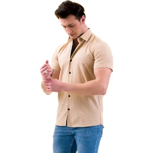Exve Exclusive Hardal Sarısı Üzeri Siyah Desen Baskılı Slim Fit Kısa Kollu Pamuk Gömlek