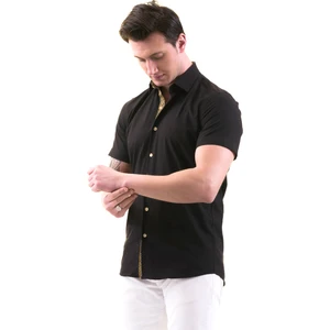 Exve Exclusive Siyah Yaka Içi ve Göğüs Pat Bal Peteği Detaylı Slim Fit Kısa Kollu Pamuk Gömlek