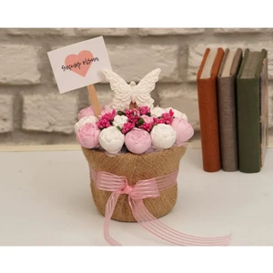 Stone Gift Design Pembe Beyaz Tomurcuk Güller Kelebek Detaylı Geçmiş Olsun Kokulu Taş Çiçek Aranjman