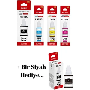 GI-490 Pixma G4400 4 Renk Orjinal Mürekkep Seti + 1 Siyah Hediye GI-490 043 Canon GI-490