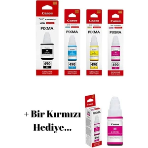 GI490 Pixma G3411 4 Renk Orjinal Mürekkep Seti + 1 Kırmızı Hediye GI-490 266 Canon GI-490
