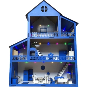 Belinay Çocuk Dünyası Ahşap Oyun Evi 100CM 36 Eşya Mavi LED Işıklı Isim Yazılır Belinay 100CM 36