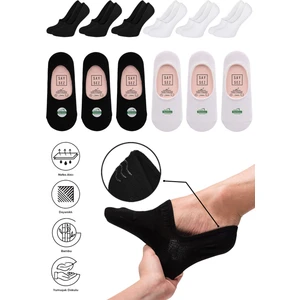 Bambu Kadın Babet 3 Siyah - 3 Beyaz Çorap Dikişsiz Görünmez Kaydırmaz Topuk Silikonlu Premium 6'lı Paket