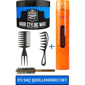 2135 2’Li Şekillendirici Wax Tarağı+Fnx Wax Ultra Hard+Ultra Güçlü Saç Sprey+ Vepa Fön Fırçası