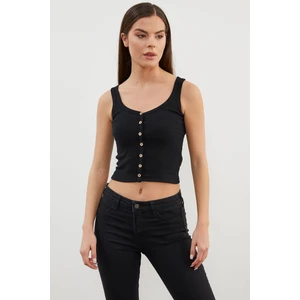 Düğmeli Kısa Kalın Askılı Atlet - Siyah