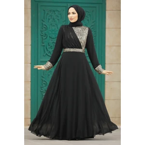 Neva Style Tesettürlü Abiye Elbise - Pul Payet Işlemeli Gold Tesettür Abiye Elbise 5793GOLD
