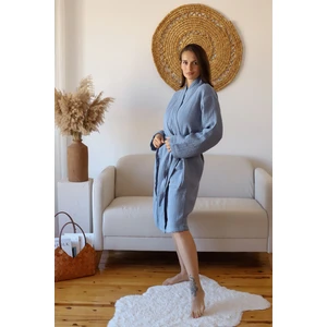 Yetişkin Kimono Bornoz, %100 Pamuk 4 Kat Multi Müslin Bebe Mavisi