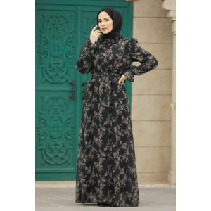 Neva Style - Çiçek Desenli Siyah Tesettür Elbise 29712S
