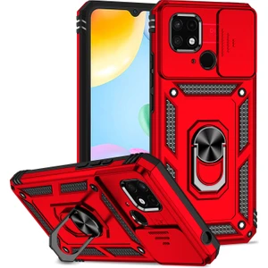Xiaomi Redmi 10C Için Halka Ayaklı ve Kayar Kamera Kapaklı Telefon Kılıf - Kırmızı (Yurt Dışından)