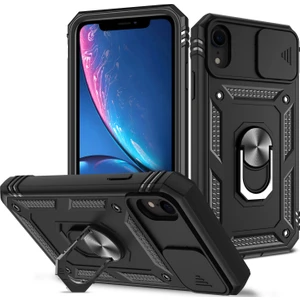 iPhone Xr Için Kayar Lens Koruyucu Halka Standlı Telefon Kılıfı - Siyah (Yurt Dışından)
