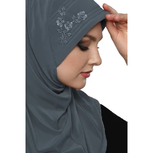 Fidan Bone Takmatik Taşlı El Işi Boncuk Işlemeli Koyu Gri Hazır Türban Tesettür Bone Namaz Örtüsü