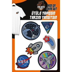 Ütü Ile Yapışan Dokuma Arma Seti Uzay Temalı İşlemeli Arma Yama - Kıyafet ve Aksesuarlar İçin Patch - Uzay, Nasa, Roket, Yıldız ve Space Desenli Arma