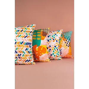 Cango Home Çift Taraflı Turuncu Yeşil Tropik Geometrik Desenli 4'lü Dijital Baskılı Kırlent Kılıfı Seti 4KMBS247-CT