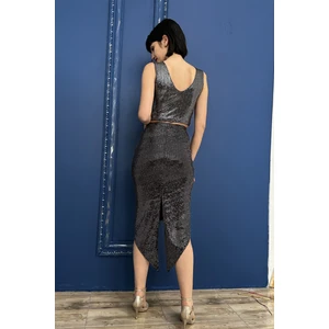 Due Stelle Payetli Siyah Sırt Dekolteli Crop Üst