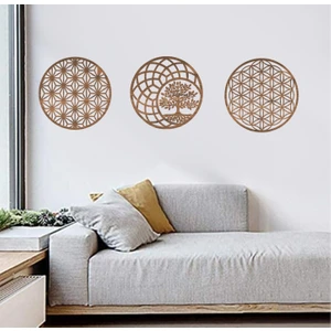 Şirin Lazer Yaşam Çiçeği Hayat Ağacı Ahşap Mdf 3 Lü Tablo Duvar Dekoru Kahverengi Yaşamset