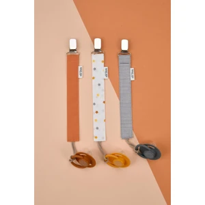 e&f Store 3'lü Emzik Askısı Seti - %100 Pamuk Kumaş - Somon Yıldızlı Gri Çizgili - 3'lü Emzik Zinciri Seti