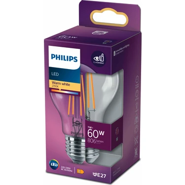 Philips LED Classic Şeffaf Filament Ampul 7W 806 Lumen 2700K Sarı Işık A60 E27 Duy (60W