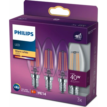 Philips LED Classic Şeffaf Filament Mum Ampul 4.3W 470 Lum 2700K Sarı Işık B35 E14 (40W) 3'lü