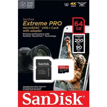 Sandisk Extreme Pro 64GB 200/90MB/S Microsdxc Uhs-I Adaptörlü Hafıza Kartı