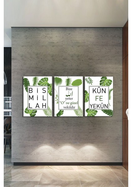 Besmele Kunfeyekun Bize Allah Yeter O Ne Güzel Vekildir Üçlü Dini Islami Kanvas Tablo fiyatları