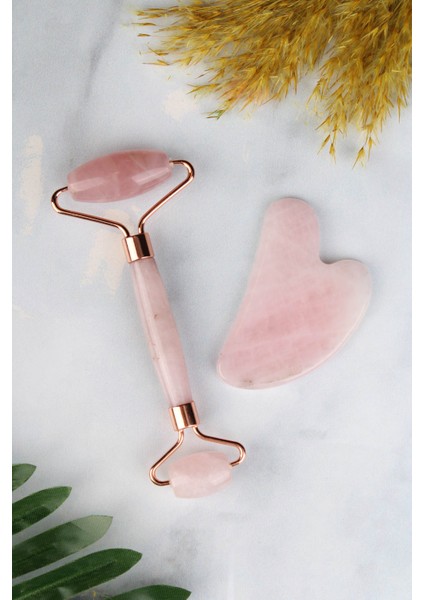 Pembe Kuvars Doğal Taş Face Roller & Kalp Gua Sha İkili Yüz Masaj Seti