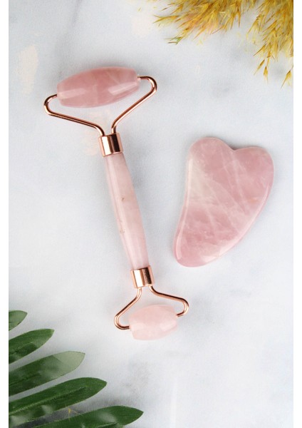 Pembe Kuvars Doğal Taş Face Roller & Mini Kalp Gua Sha İkili Yüz Masaj Seti