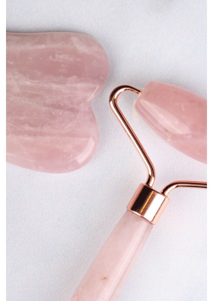 Pembe Kuvars Doğal Taş Face Roller & Mini Kalp Gua Sha İkili Yüz Masaj Seti fiyatları