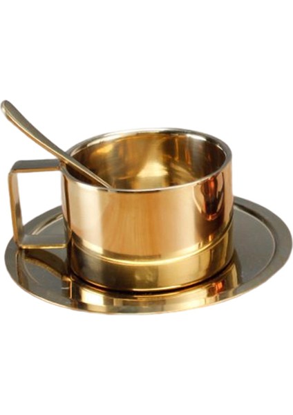 Yalıtımlı Kahve Fincanı Tabak Ve Kaşıkla Seti Kırılamaz Paslanmaz Çelik 200ml Altın (Yurt Dışından)