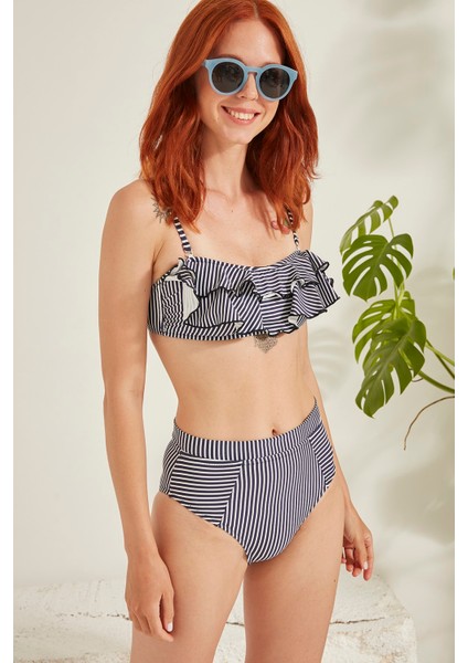 Kadın Straplez Fırfırlı Yüksek Bel Bikini Takım 3019 Antrasit