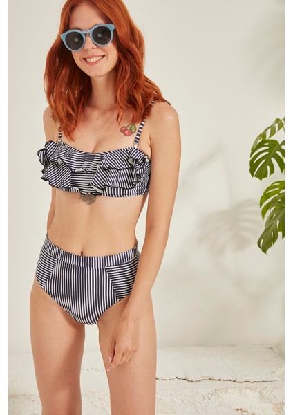 Kadın Straplez Fırfırlı Yüksek Bel Bikini Takım 3019 Antrasit fiyatları
