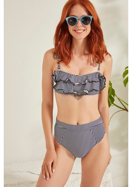 Kadın Straplez Fırfırlı Yüksek Bel Bikini Takım 3019 Antrasit fırsatları
