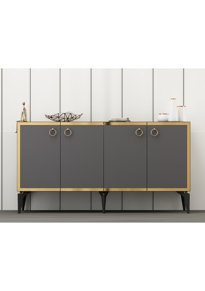 150 cm Poli Konsol Royalmermer-Antrasit-Altın