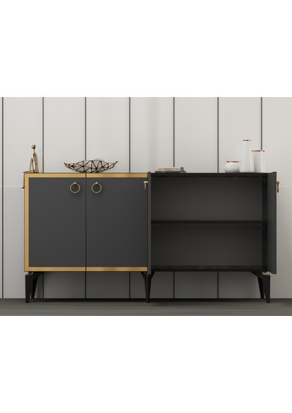 150 cm Poli Konsol Royalmermer-Antrasit-Altın