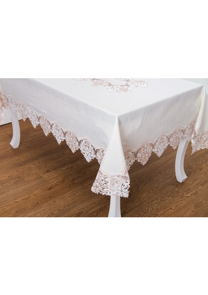 Laura Lüx Dantelli Simli Keten Kumaş Bej Masa Örtüsü 160X220 CM-1474