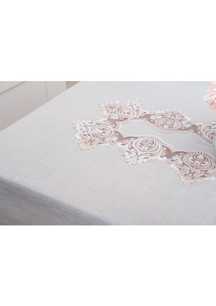 Laura Lüx Dantelli Simli Keten Kumaş Bej Masa Örtüsü 160X220 CM-1474
