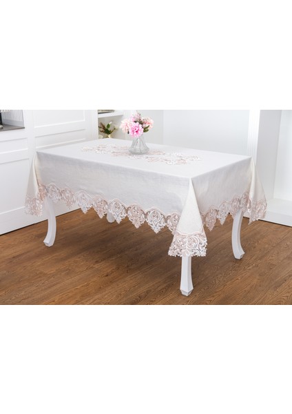 Laura Lüx Dantelli Simli Keten Kumaş Bej Masa Örtüsü 160X220 CM-1474