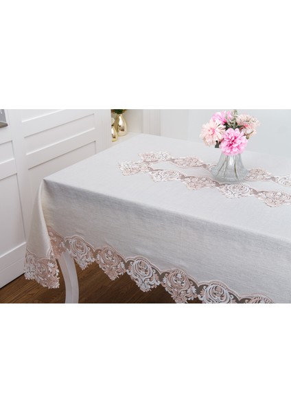 Laura Lüx Dantelli Simli Keten Kumaş Bej Masa Örtüsü 160X220 CM-1474