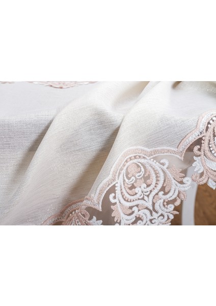 Laura Lüx Dantelli Simli Keten Kumaş Bej Masa Örtüsü 160X220 CM-1474
