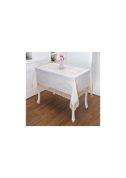 Gilda Lüx Dantelli Simli Keten Kumaş Bej Masa Örtüsü 160X220 cm -1466
