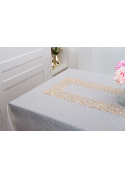 Gilda Lüx Dantelli Simli Keten Kumaş Bej Masa Örtüsü 160X220 cm -1466