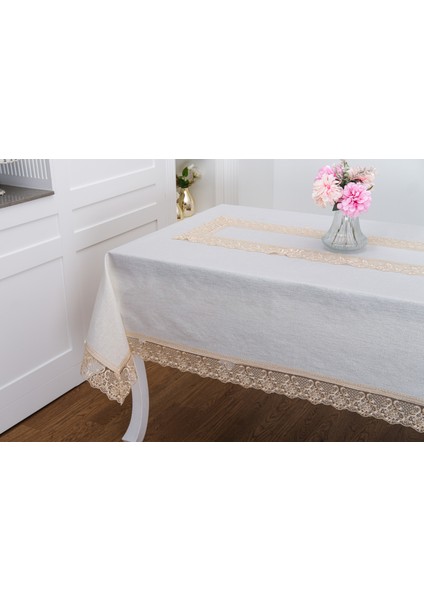 Gilda Lüx Dantelli Simli Keten Kumaş Bej Masa Örtüsü 160X220 cm -1466