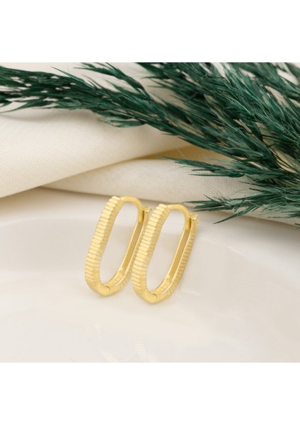 Tırtıklı Oval Biçimli Dörtgen Küpe 925 Ayar Kadın Gümüş Küpe