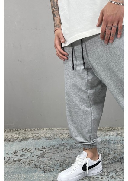Unisex Gri Bol Kalıp Paçası Lastikli Oversize Eşofman Altı Jogger Büyük Beden Eşofman Altı fiyatları