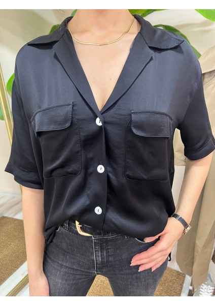 Çift Cepli Kısa Kol Oversize Siyah Gömlek